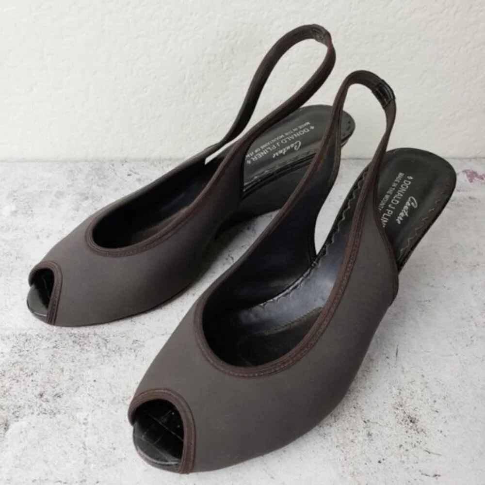 Donald J Pliner Couture Rasy Peep Toe Slingback Canvas Tortoise Wedge Sandal 10M